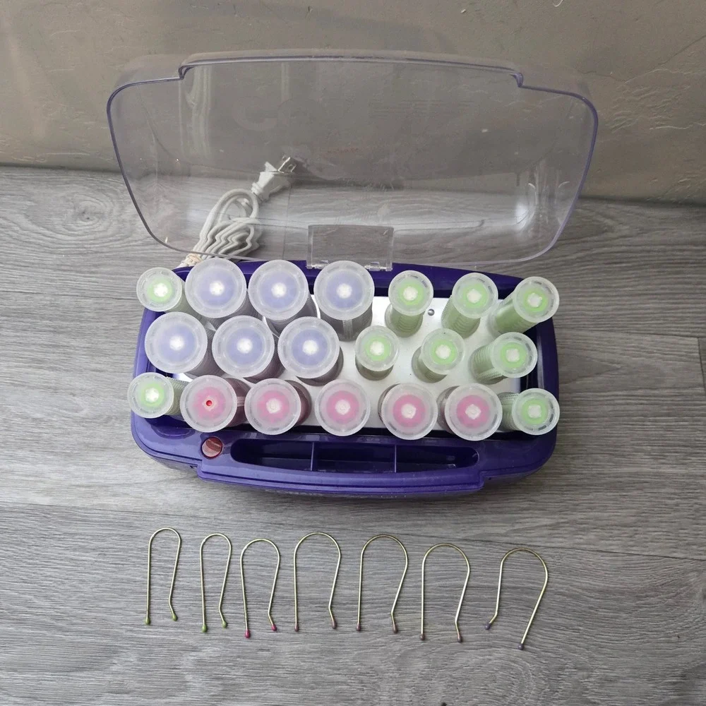 Conair Purple Hot Rollers Set Easy Start Multi-Size Heated Hair Curlers 7 Clips